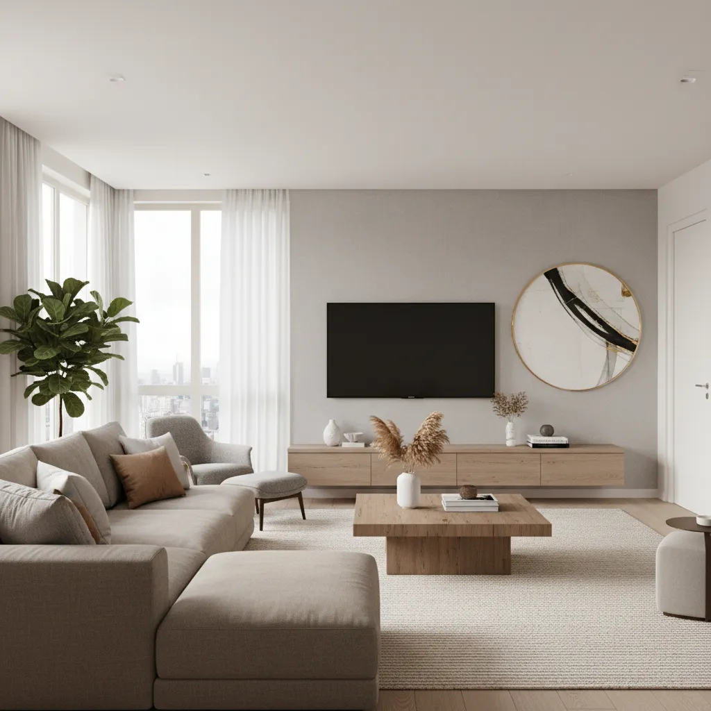 Deep sectional sofa facing wall mounted TV placed slightly lower for comfortable viewing