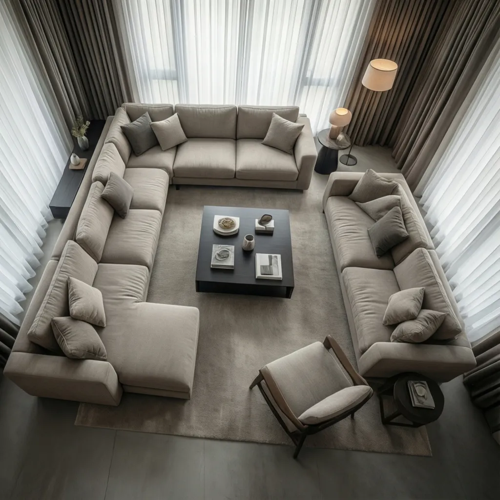 Large living room comparing sectional layout with sofa and chairs arrangement