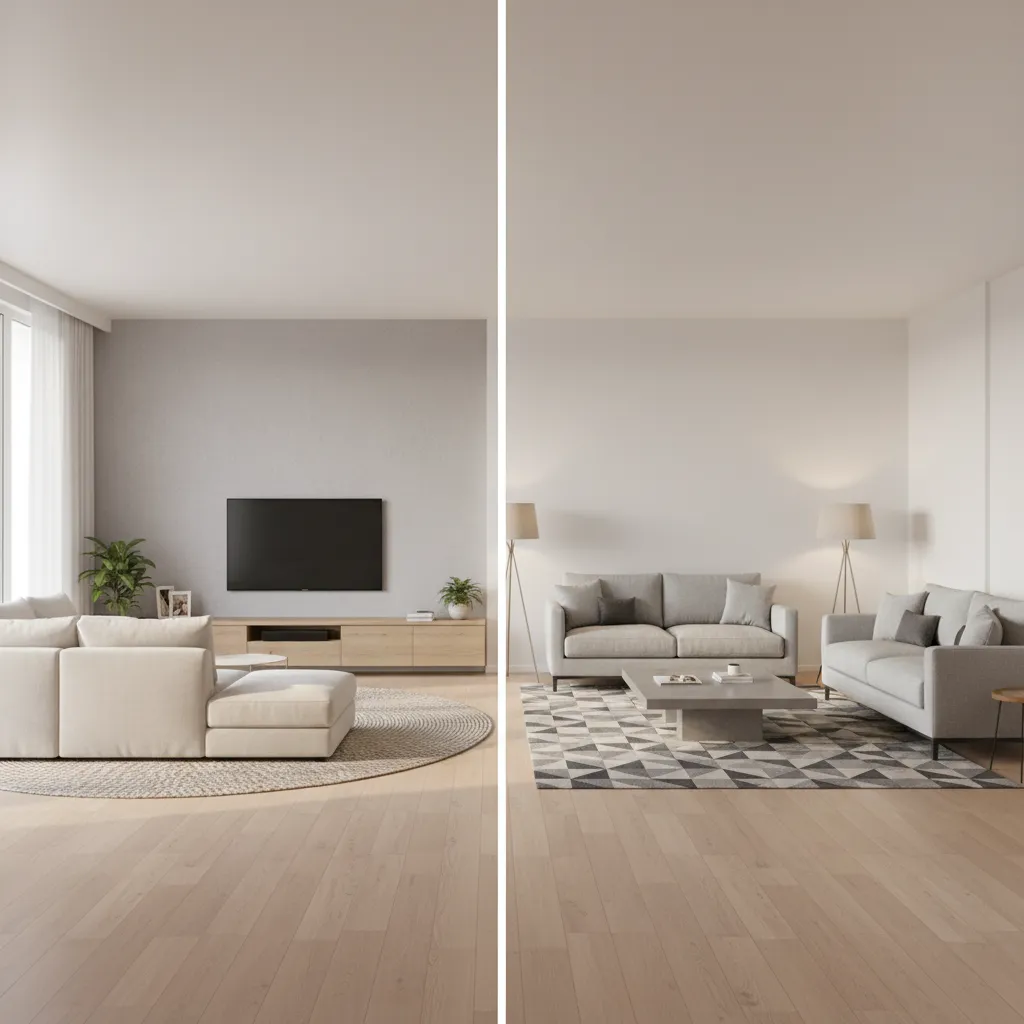 sectional sofa layout compared with two sofa layout in a 15x15 living room