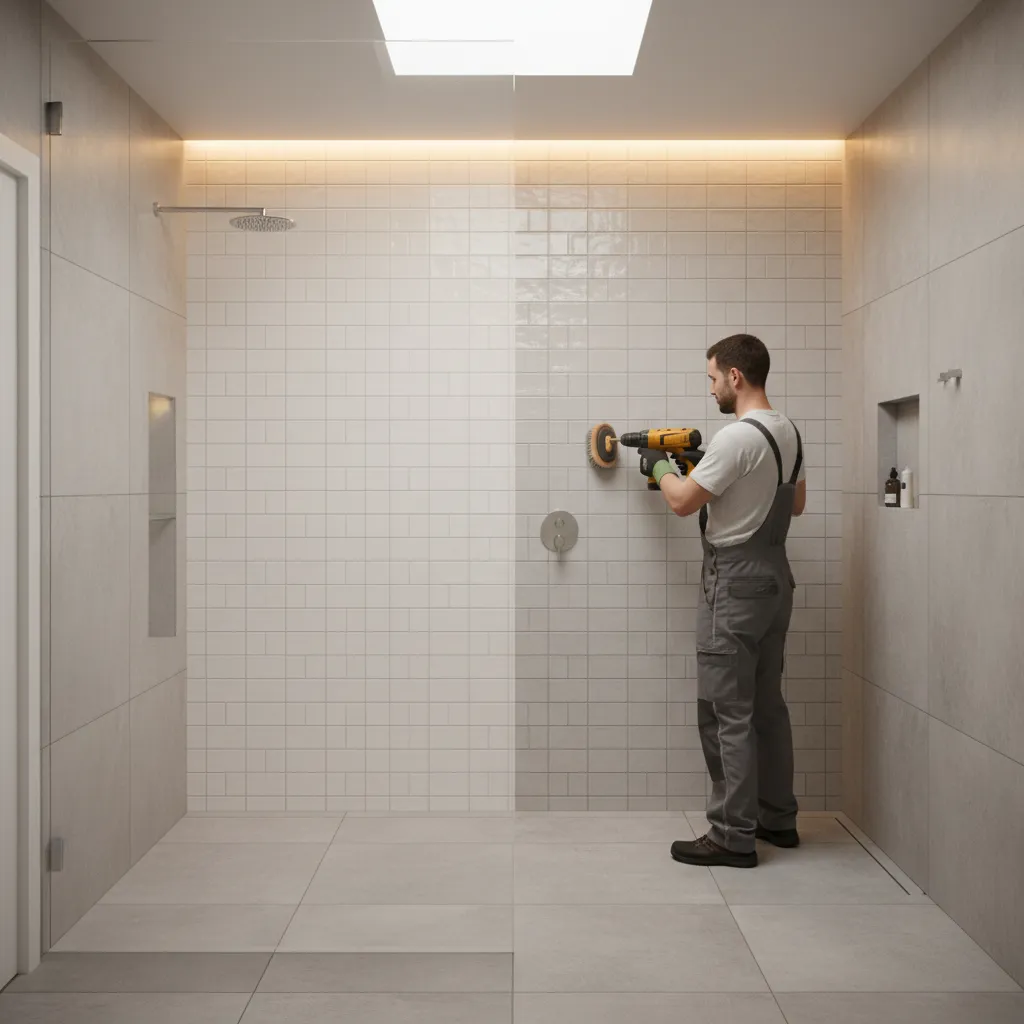 Bathroom wall divided into cleaning zones for efficient tile cleaning