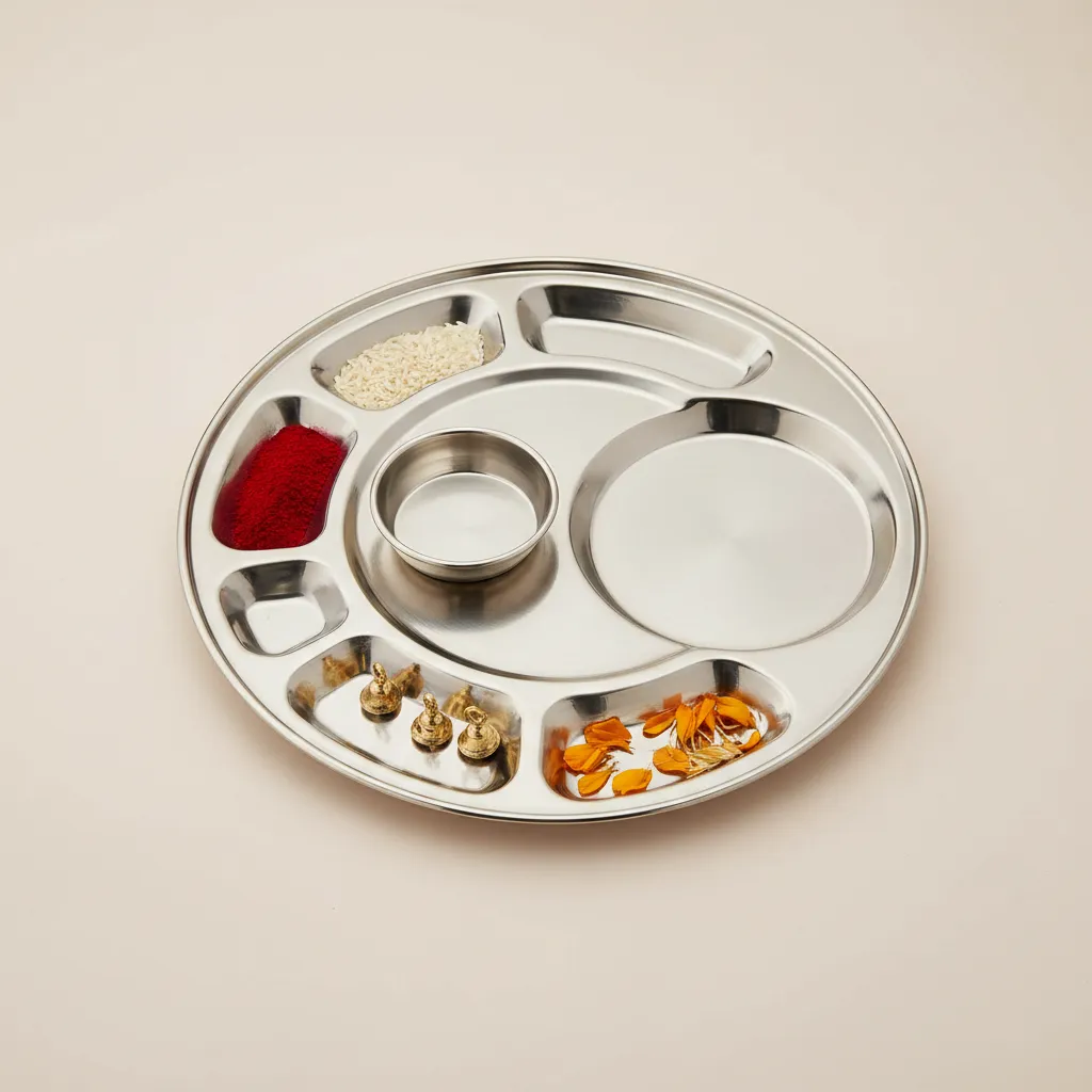 Sectioned pooja thali with organized compartments