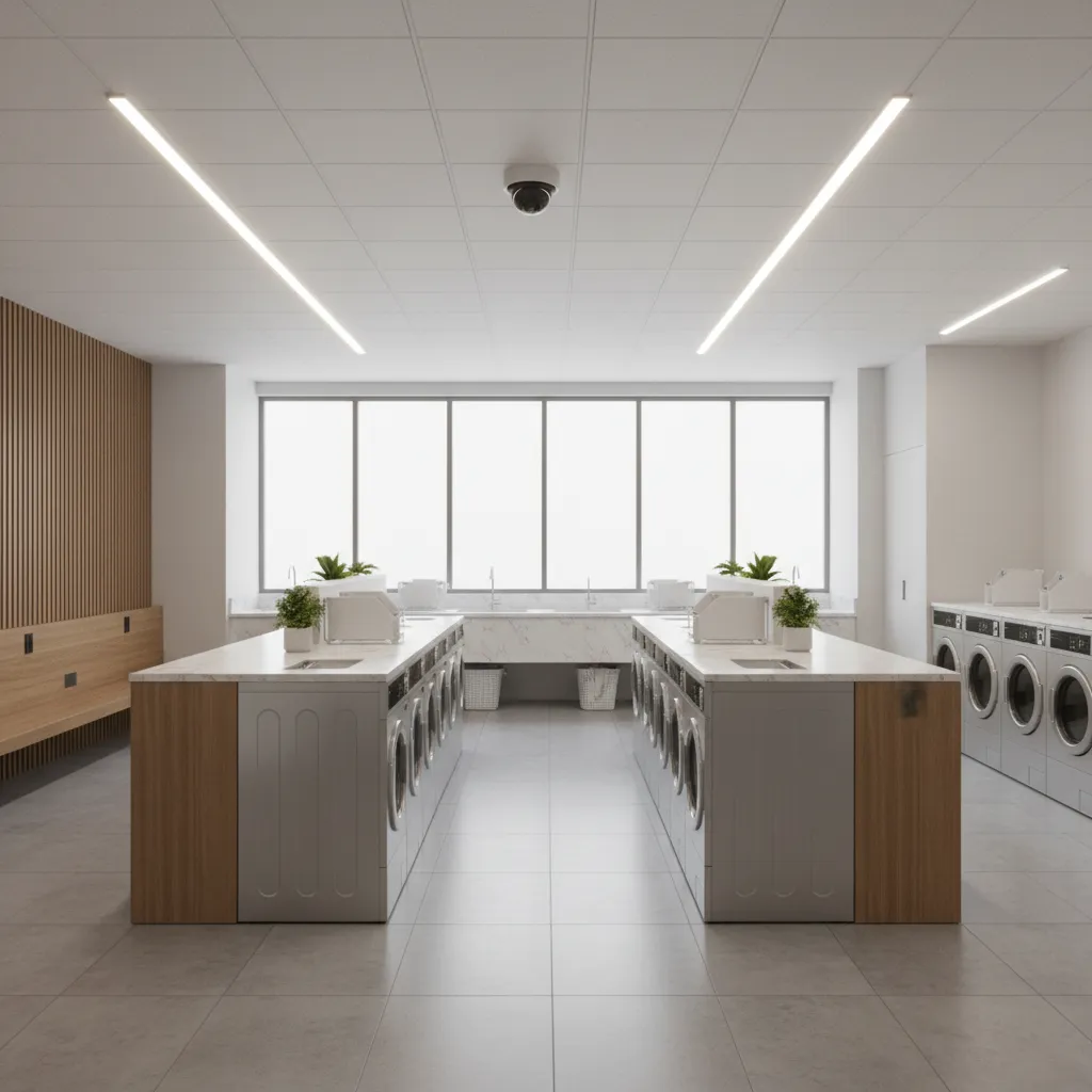Well designed apartment laundry room with open layout and lighting