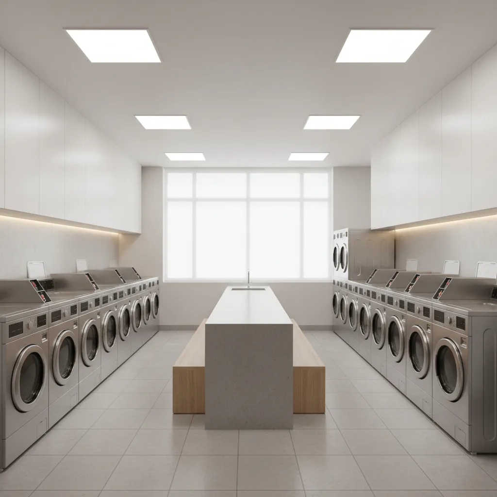 Modern apartment laundry room with bright lighting and organized machine layout