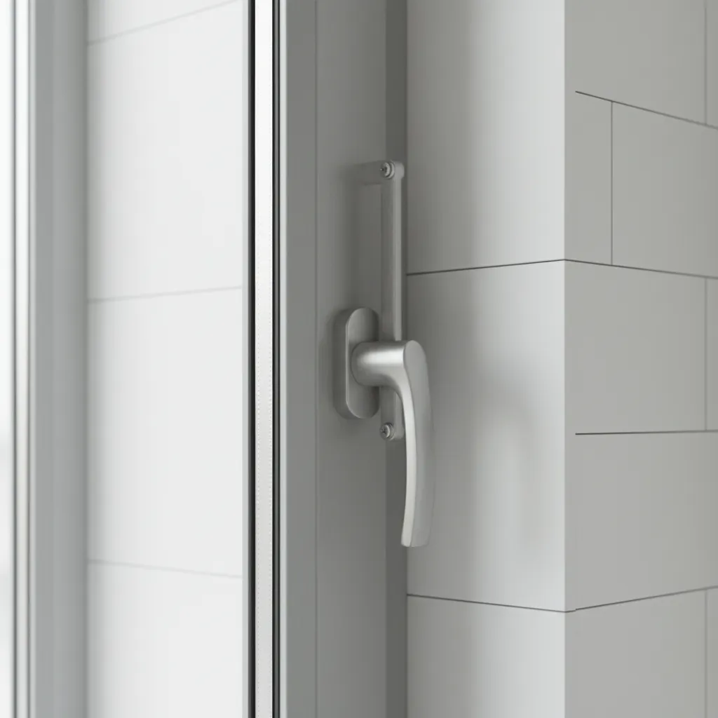 Close view of aluminum bathroom window lock and restrictor hinge