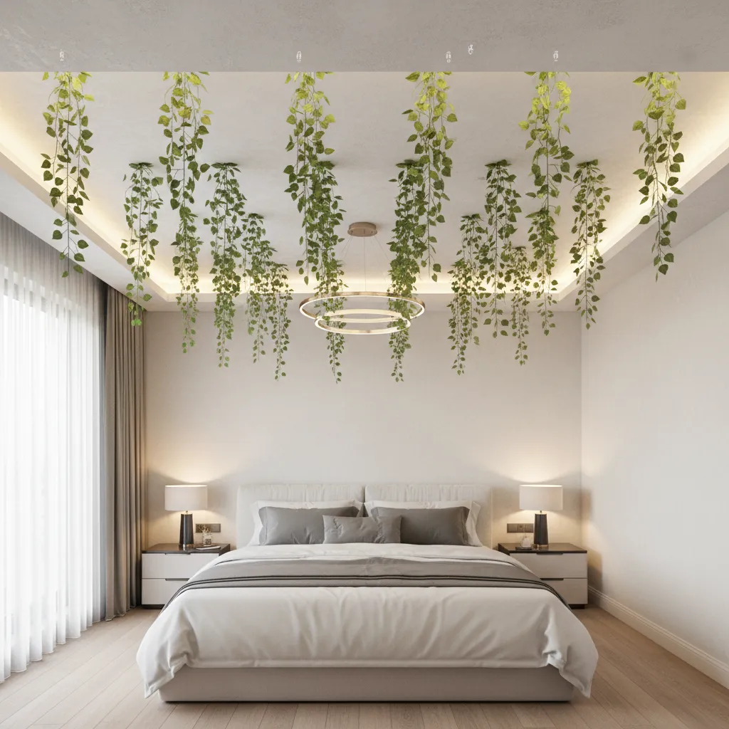 securely installed hanging vines on bedroom ceiling using hooks
