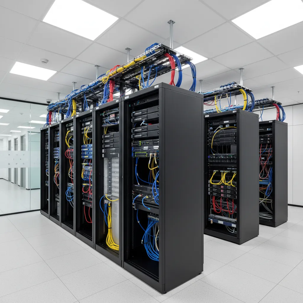 Secure telecom and data infrastructure room in a modern office tower