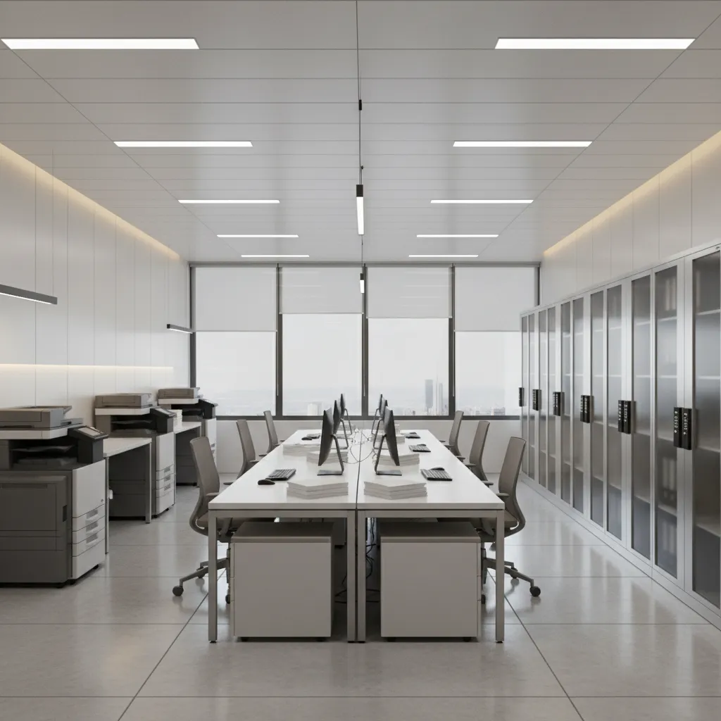 secure document processing room in financial office with locked storage and dedicated printers