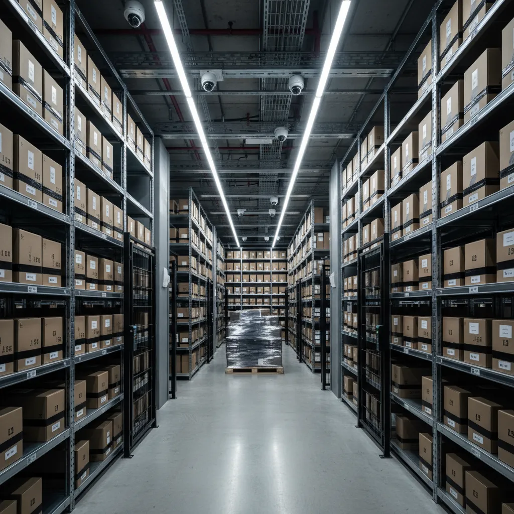 Large industrial warehouse storage room layout with tall metal shelves and many brown cardboard storage boxes