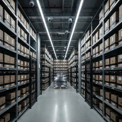 Large industrial warehouse storage room layout with tall metal shelves and many brown cardboard storage boxes