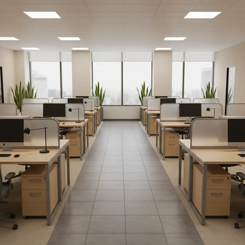 secure financial office workstation layout with desks turned away from walkways and privacy panels