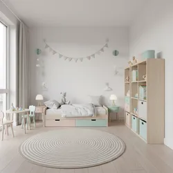 Minimalist kids bedroom showing wood bed with drawers bedside lamps bookshelves and large round rug
