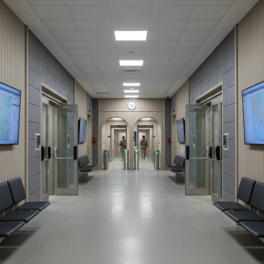 secure military facility interior corridor with controlled access points