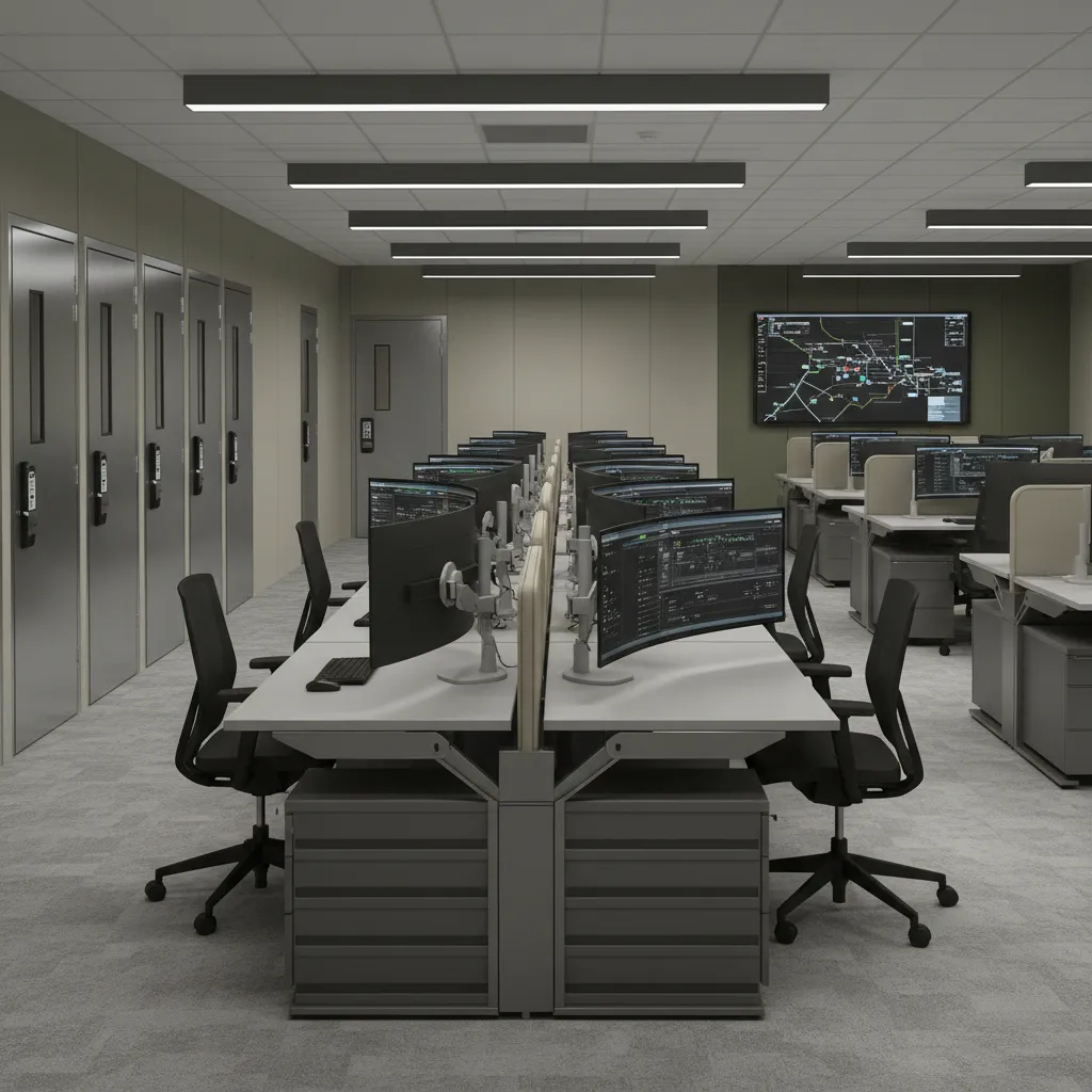 Secure military administrative office interior with structured workstation layout