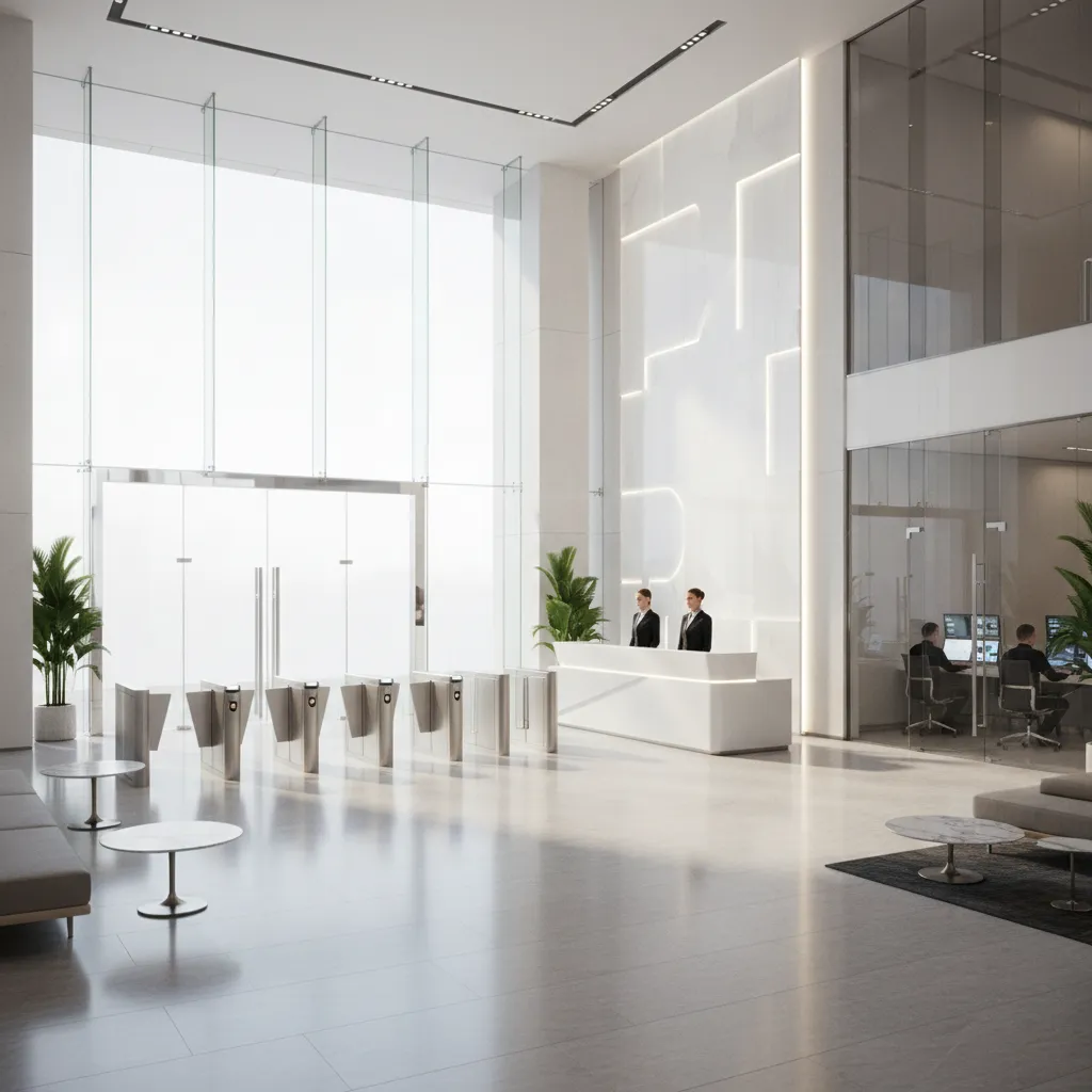 High security corporate office tower lobby with reception desk and controlled entry gates