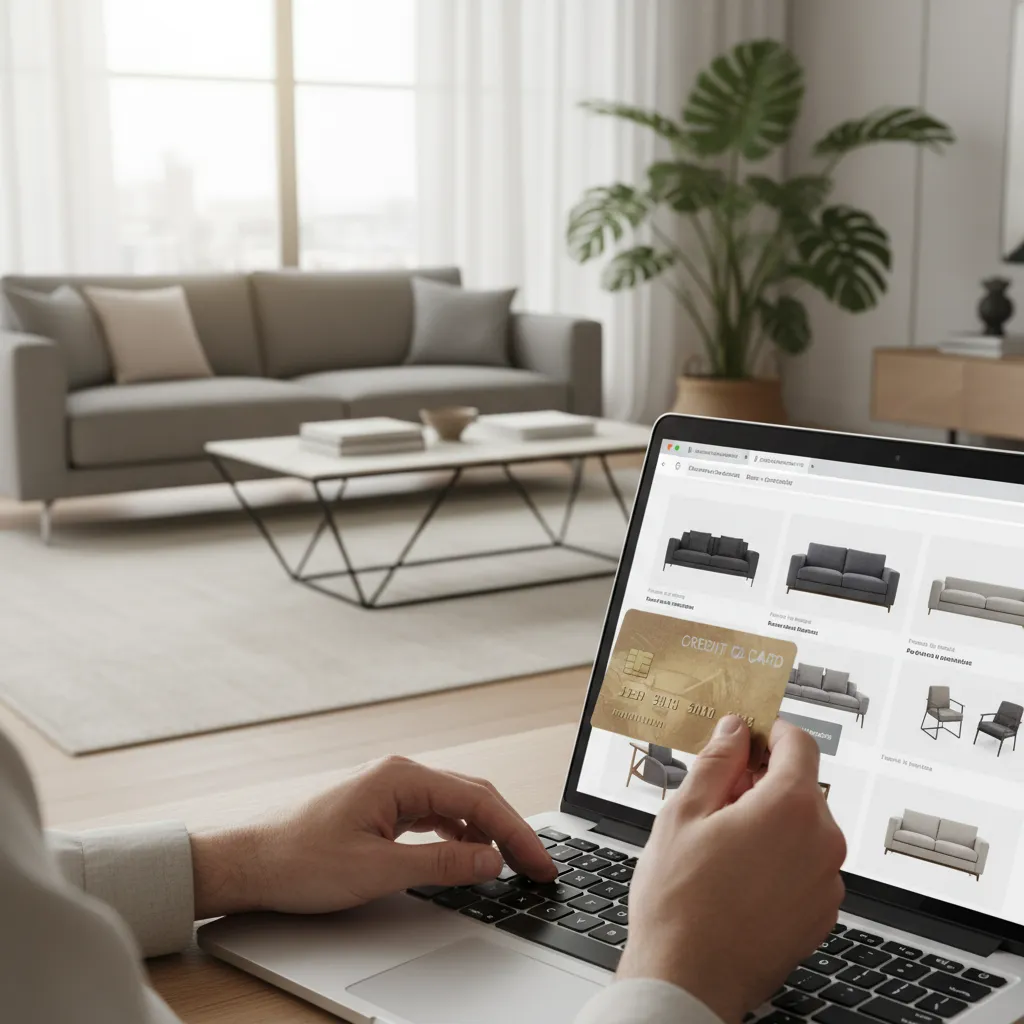 secure online payment for luxury furniture purchase using laptop and credit card