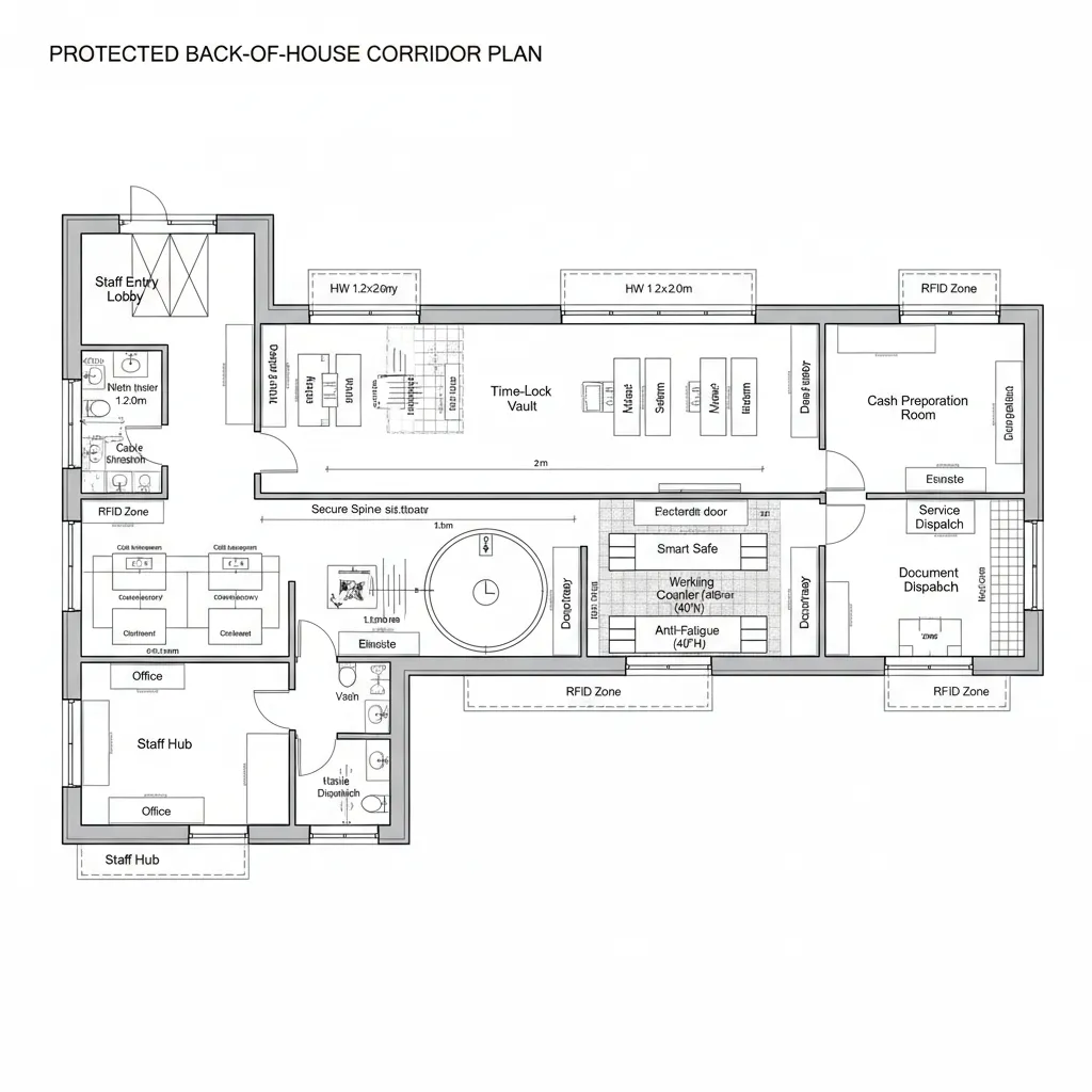 Back-of-house secure spine CAD plan linking vault, cash room, and staff hub
