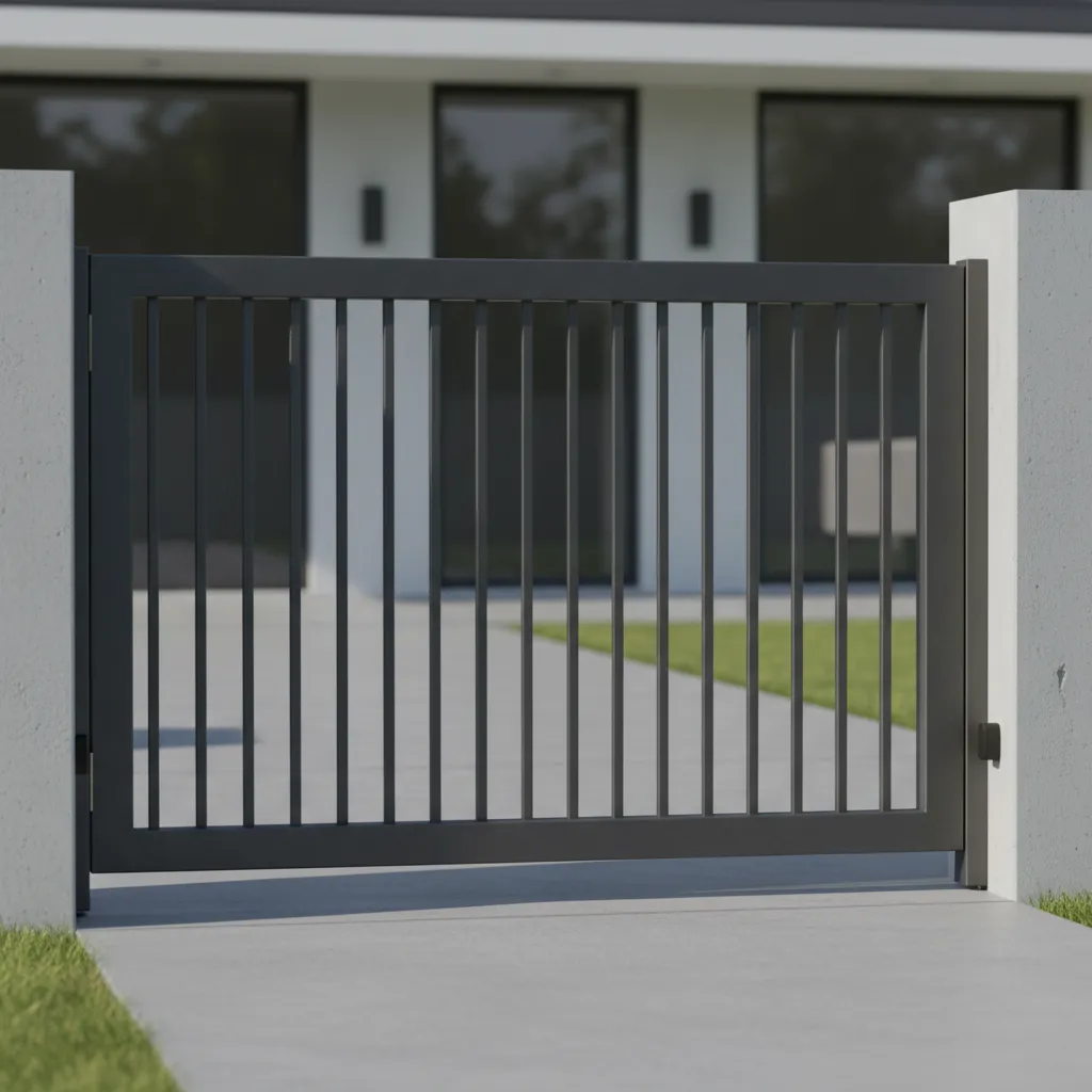 Close view of vertical slat steel security gate