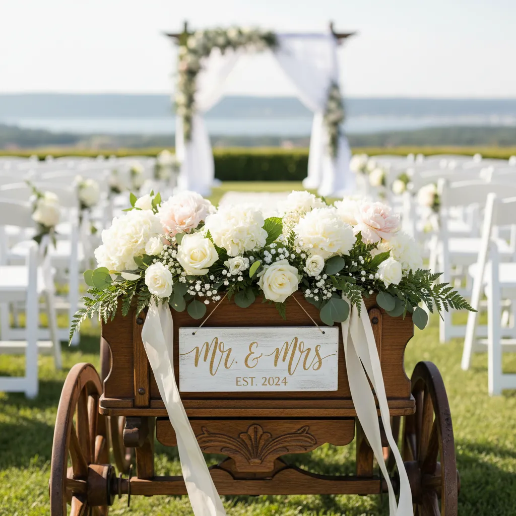 wedding wagon with sign secured using ribbon and ties