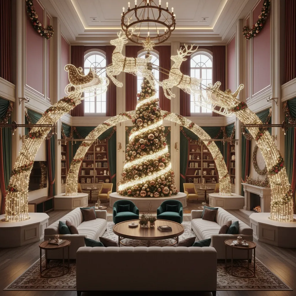 Large Christmas themed prop structures anchored safely inside a living room