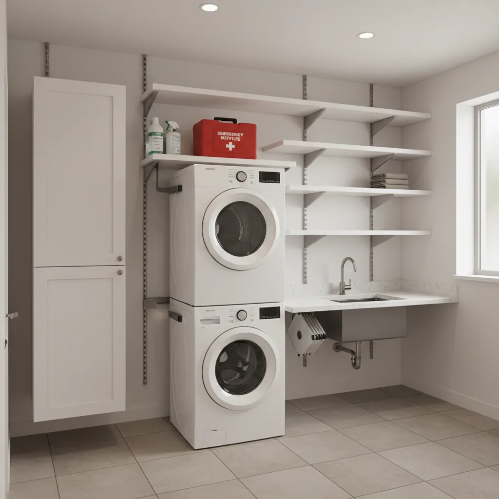 Anchored washer dryer and secured shelves in a tornado-ready laundry room