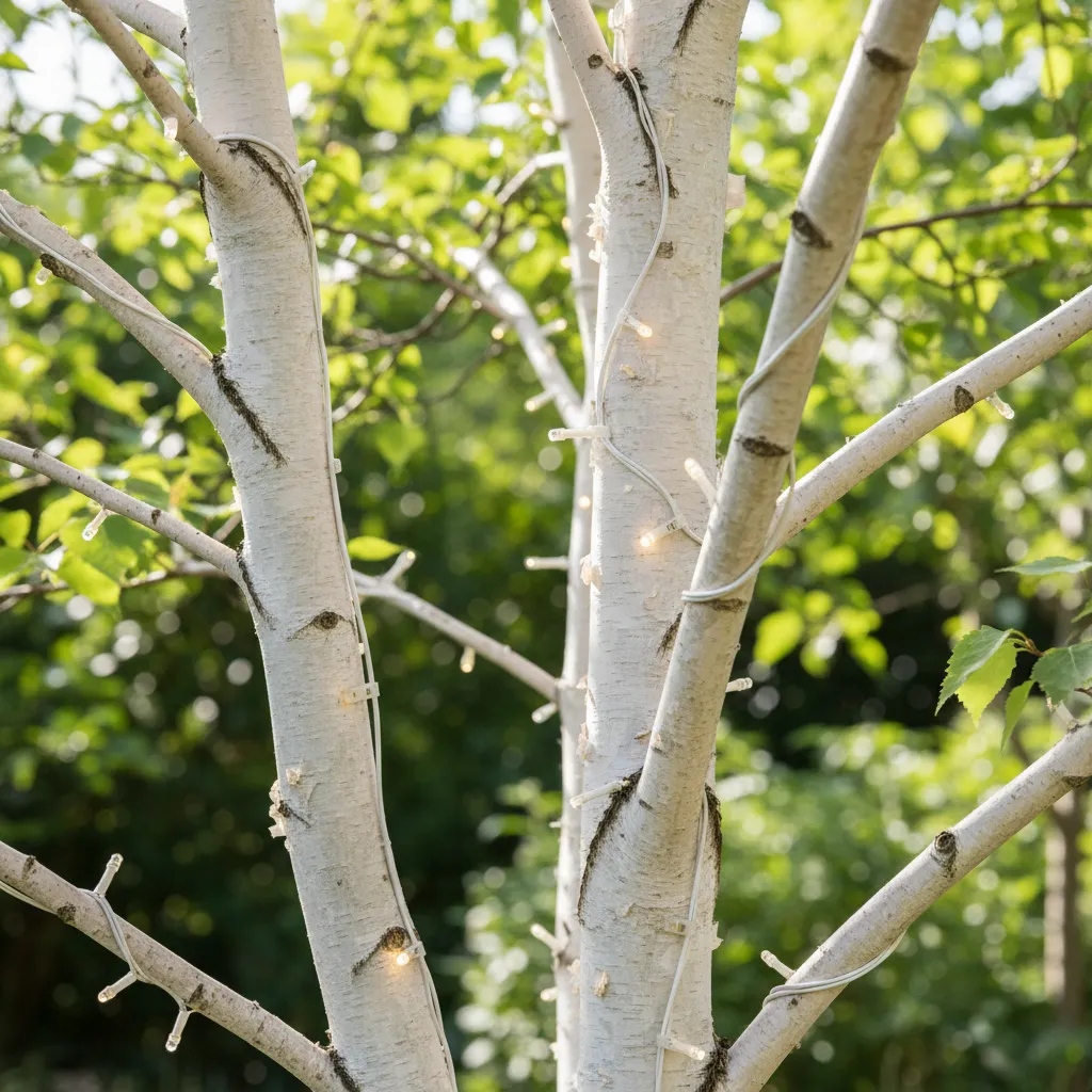 Outdoor tree lights secured with clips along branches