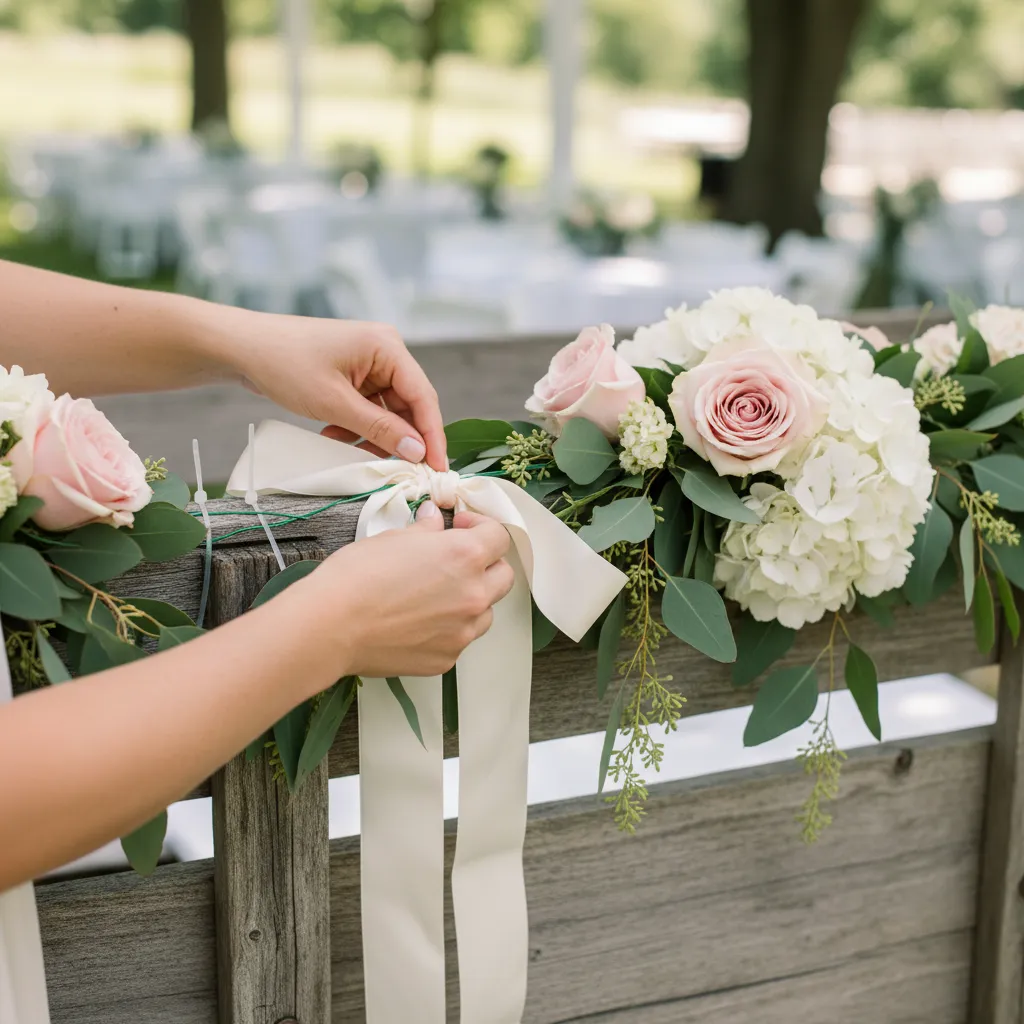 close view of florist securing wedding wagon decorations with zip ties and floral wire