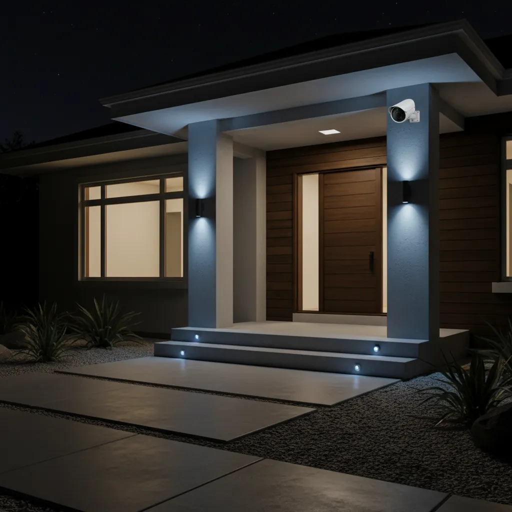 Home security camera monitoring porch with mixed blue and white lighting