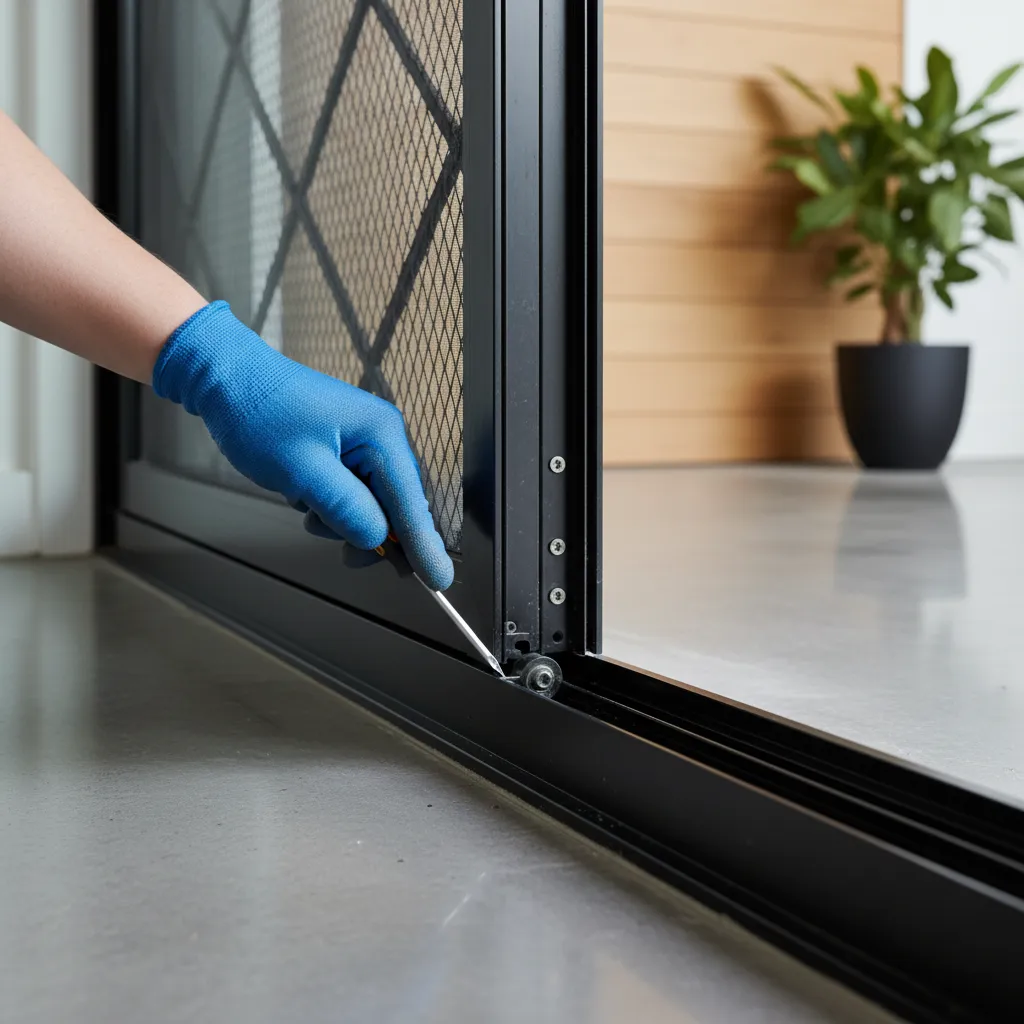 Technician adjusting roller height on sliding security door