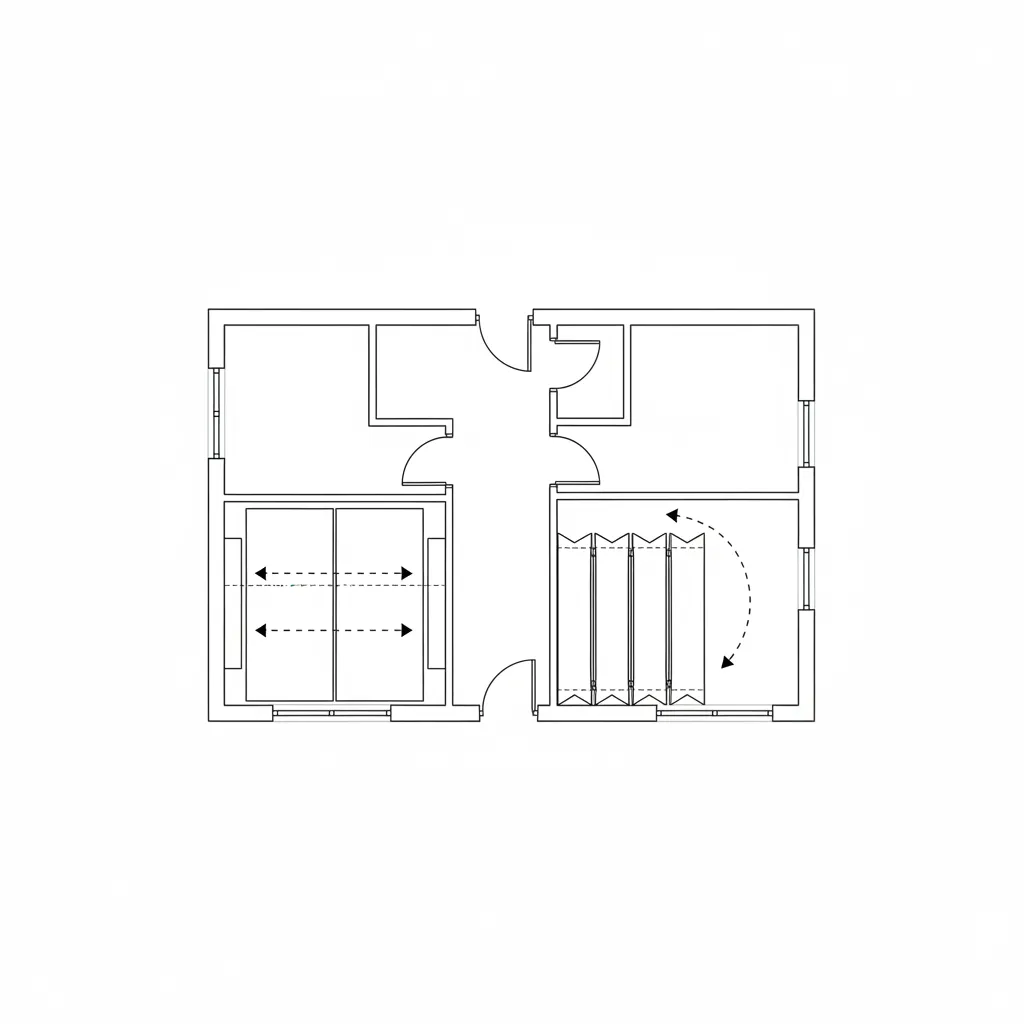 Simple floor plan diagram showing sliding vs folding door movement paths