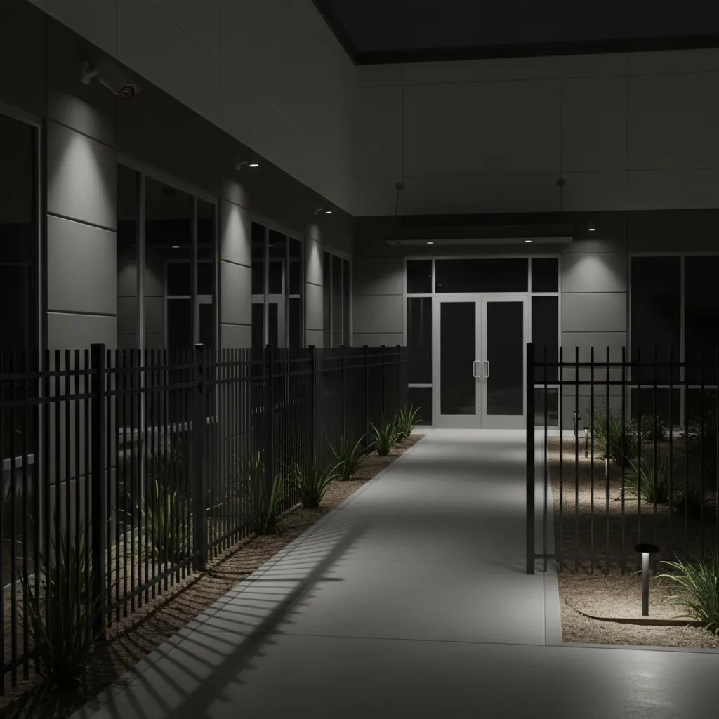 Security motion sensor lights activating along a building perimeter walkway