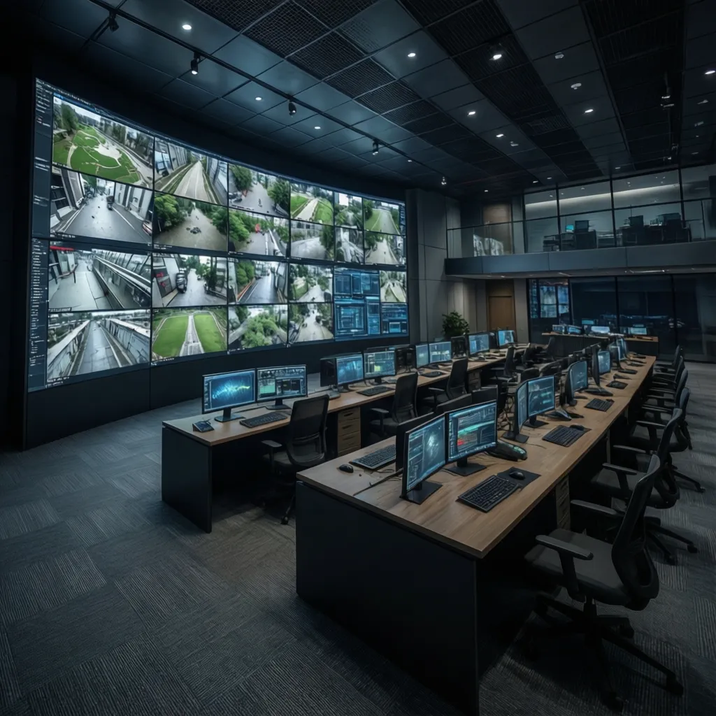 Security operations center with surveillance video wall and operator workstations