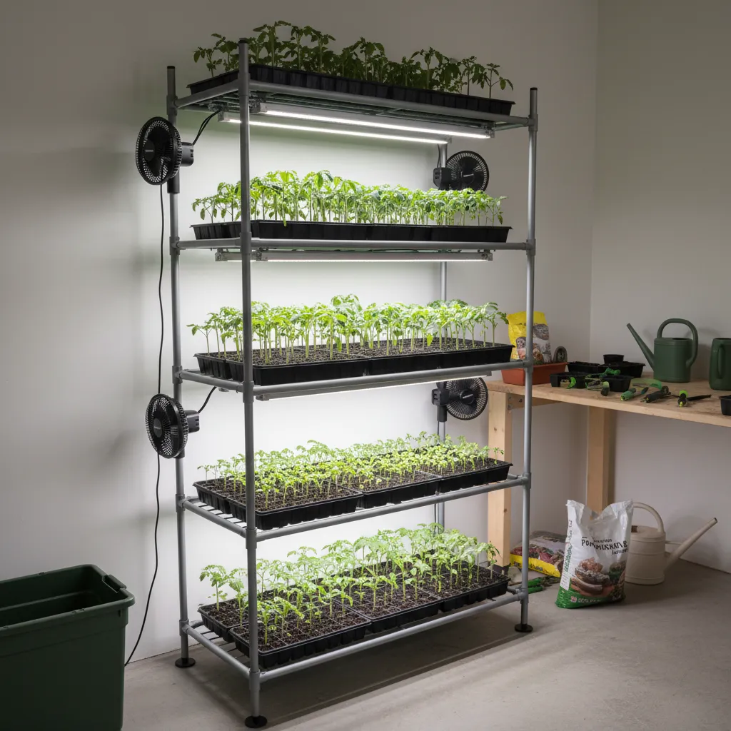Small fan providing airflow to seedlings under grow lights