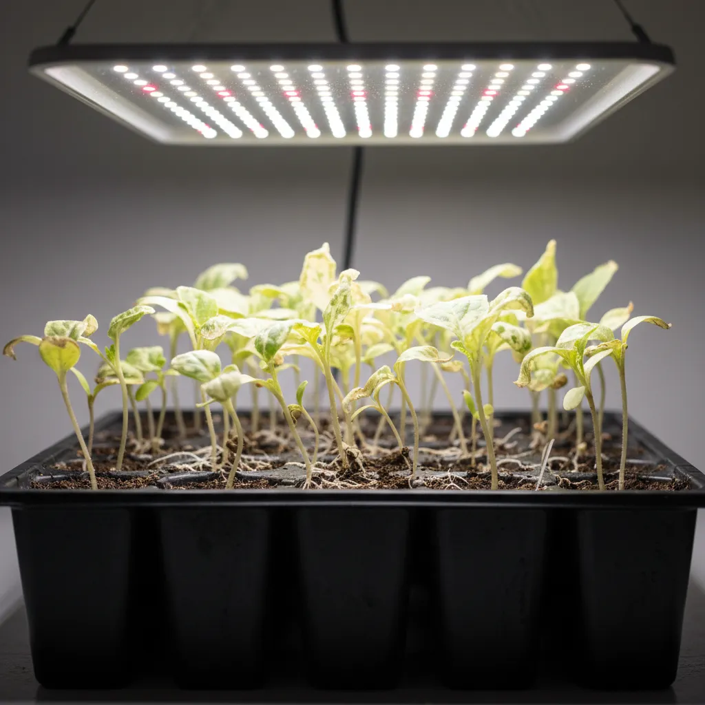 Young seedlings showing pale burned leaves under strong grow light