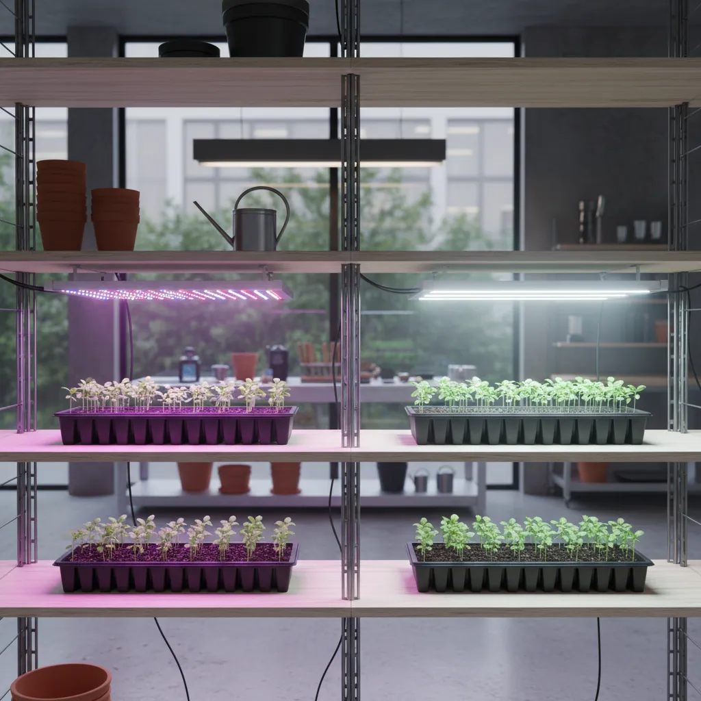 visual comparison of LED and fluorescent grow light height over seedlings