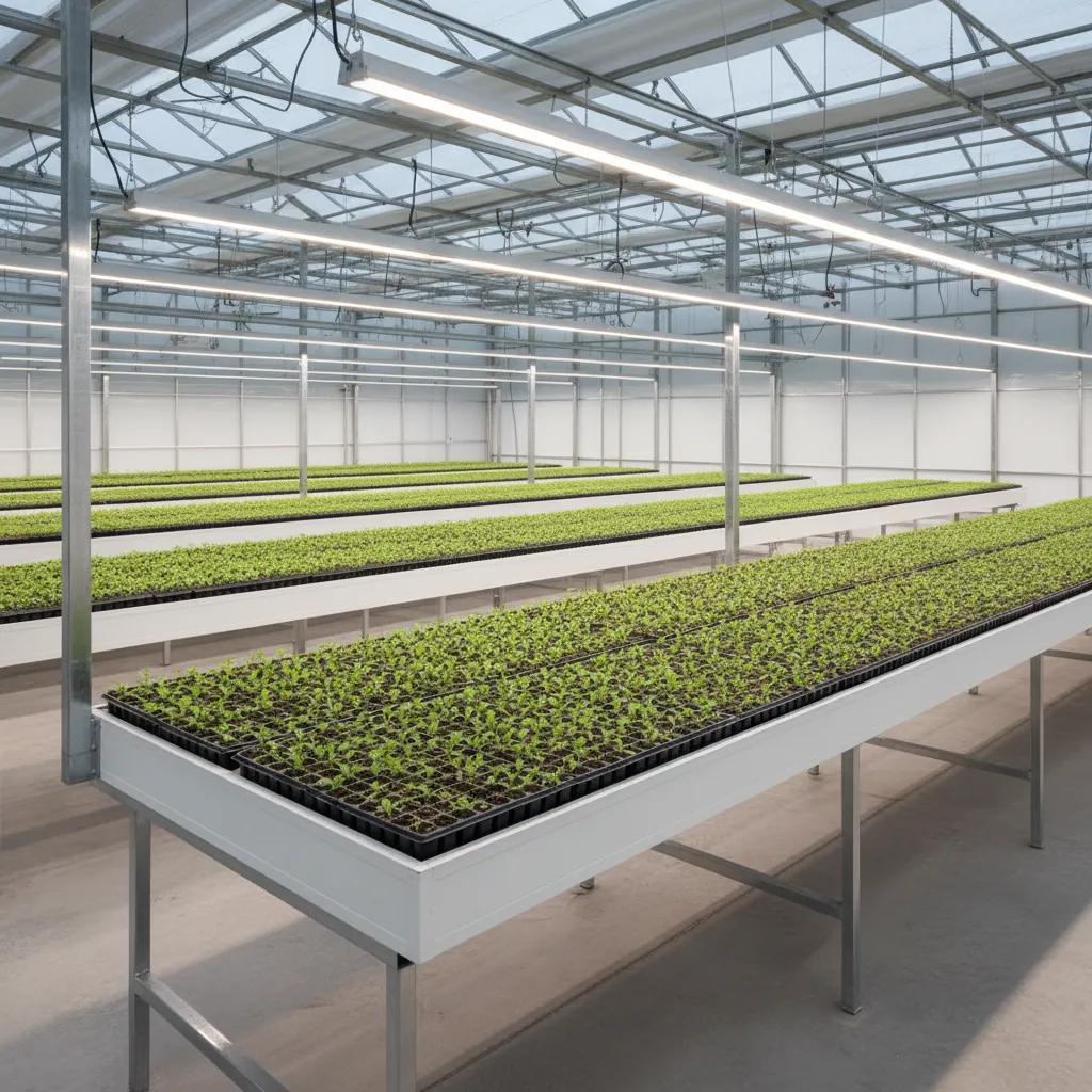 Seedling trays growing under uniform LED propagation lights