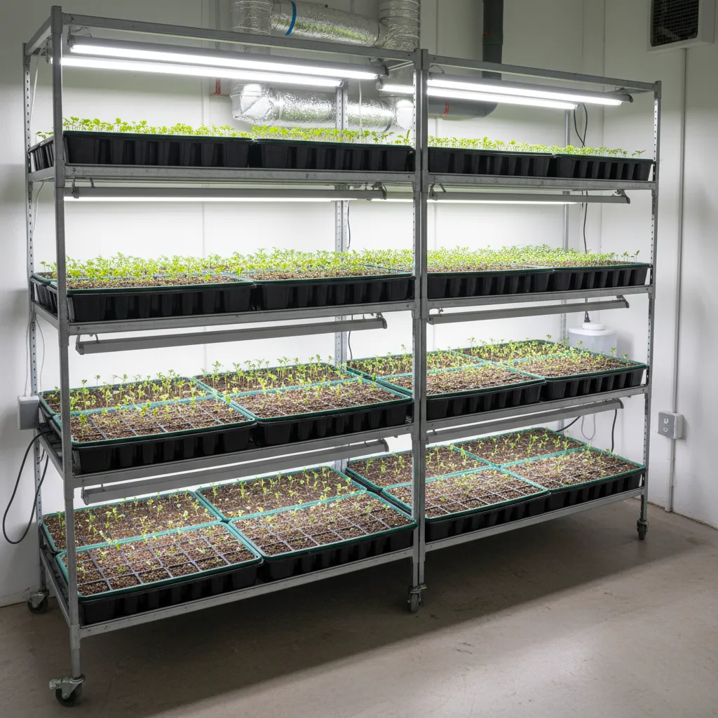 Young seedlings growing under fluorescent grow lights placed close above trays