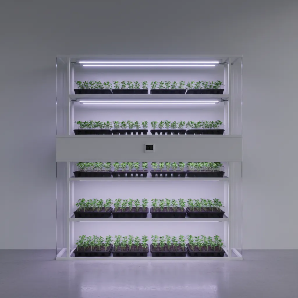 Seed trays under LED grow lights in indoor seed starting setup