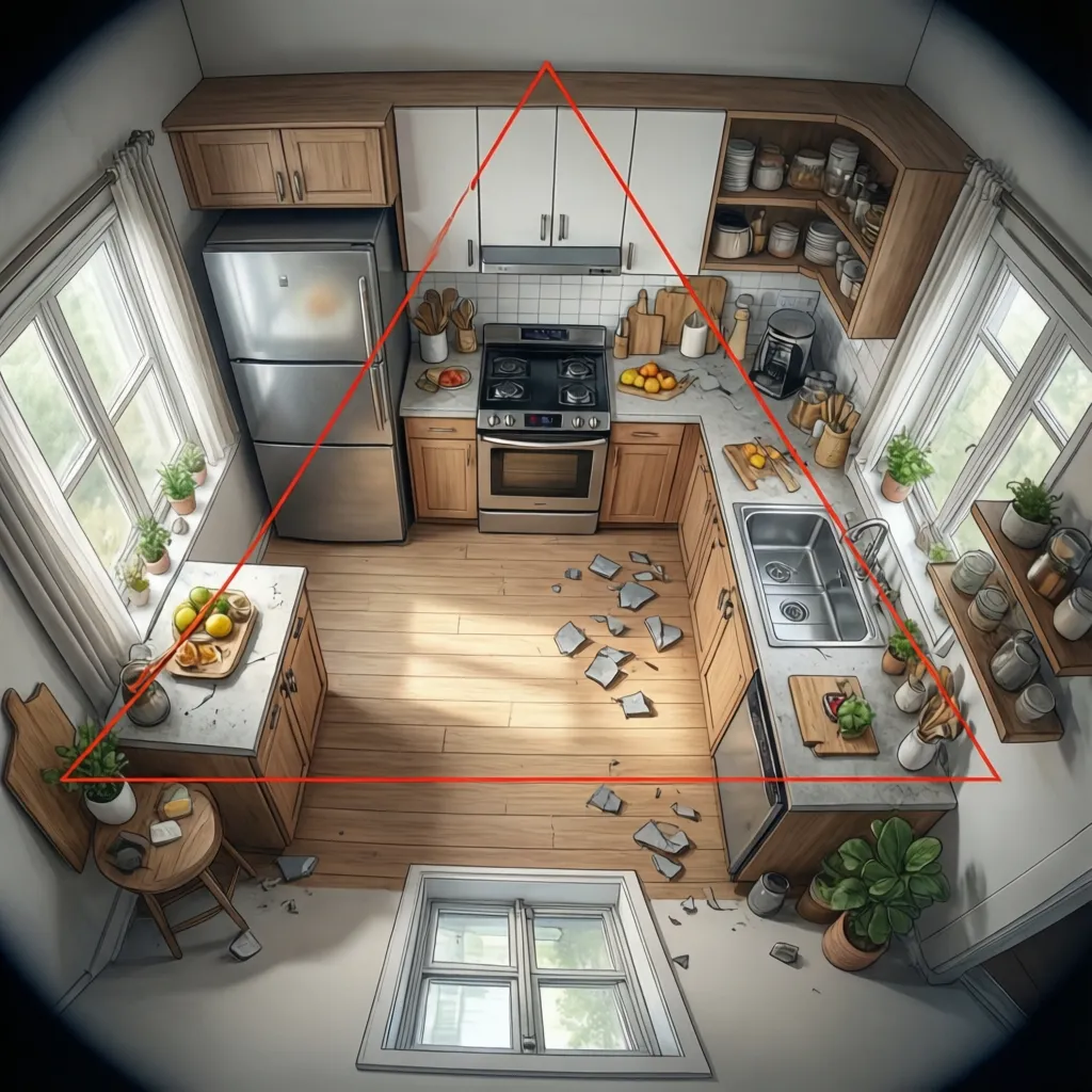 Diagram segitiga kerja dapur antara kulkas sink dan kompor