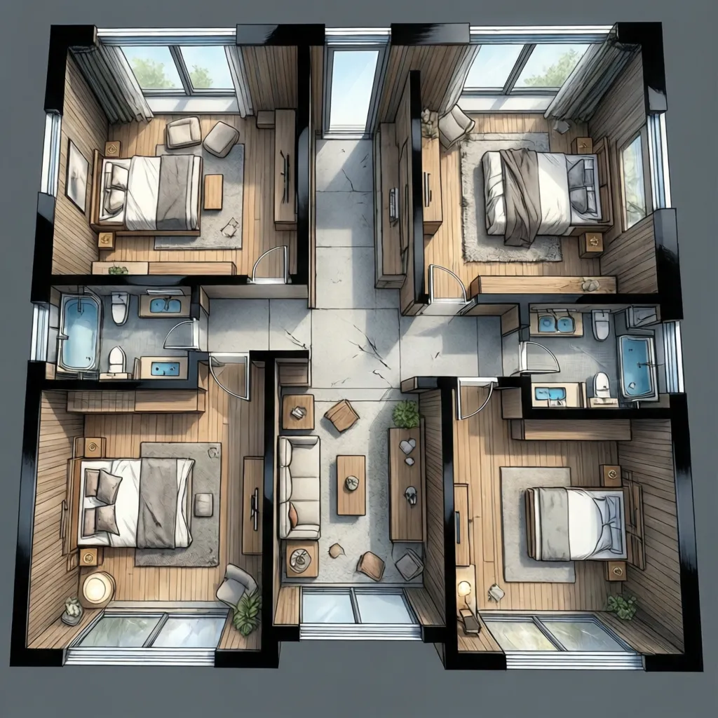 Plano interior de segunda planta con dormitorios y pasillo central