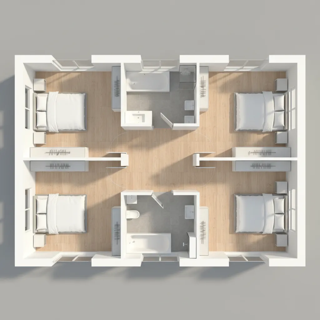 Plano de segunda planta con tres dormitorios y baño compartido