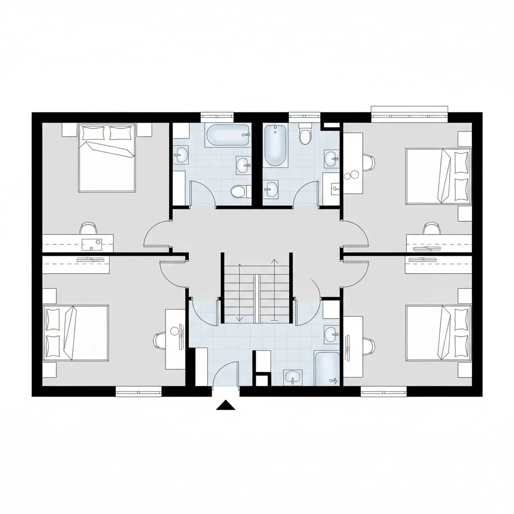 Plano arquitectónico de segundo piso con dormitorios y baño