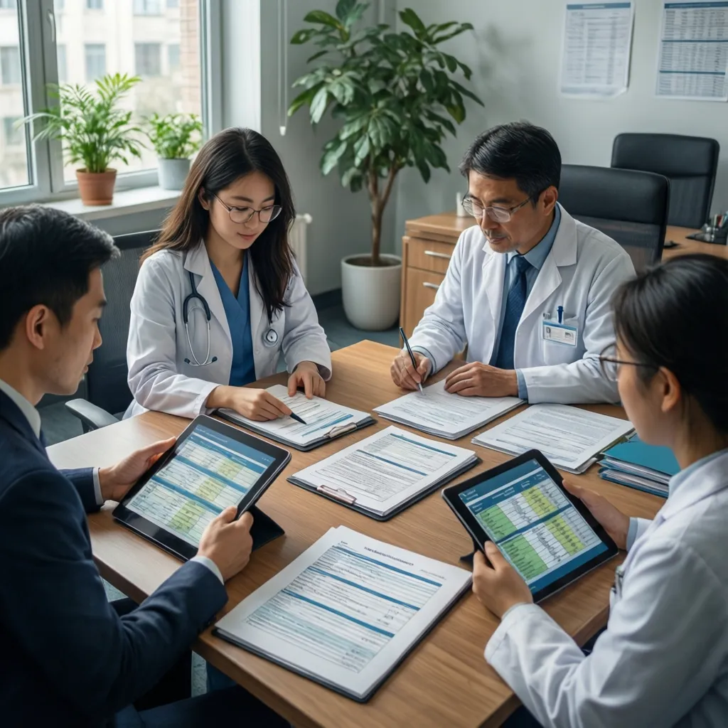Four medical professionals sitting at a wooden table discussing research data using tablets and papers