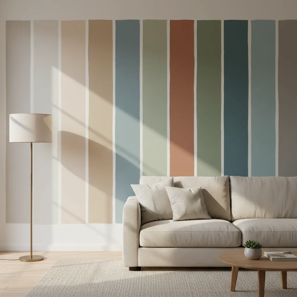 Modern living room with colorful paint samples on wall behind a beige sofa and lamp