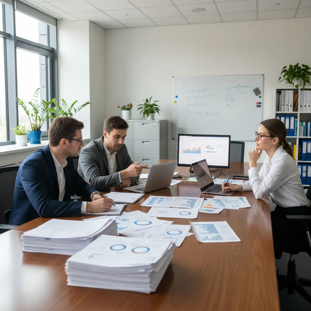 Three professionals sitting around a wooden office table reviewing documents, charts, and laptop screen data