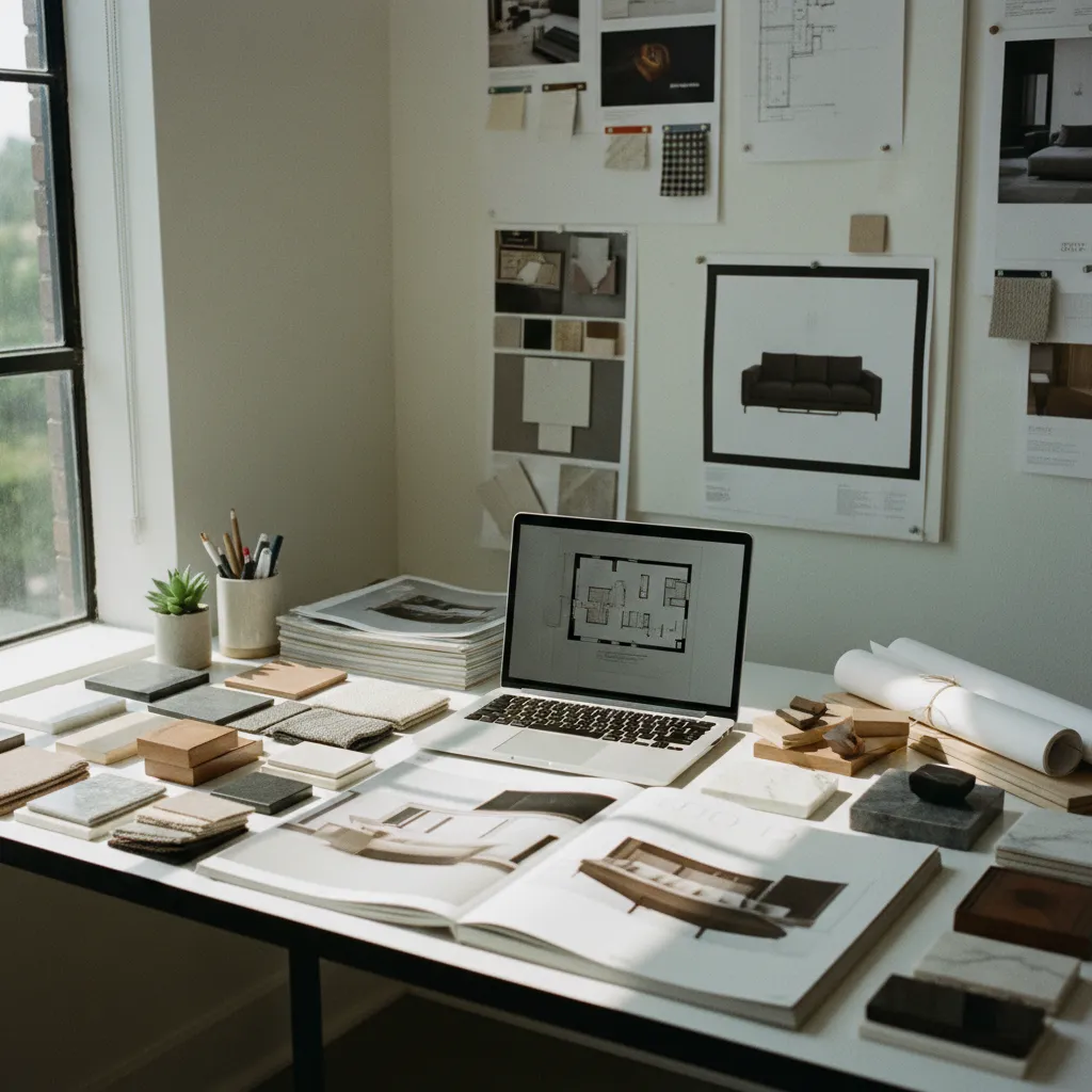 Diseñador revisando catálogos de marcas de decoración interior