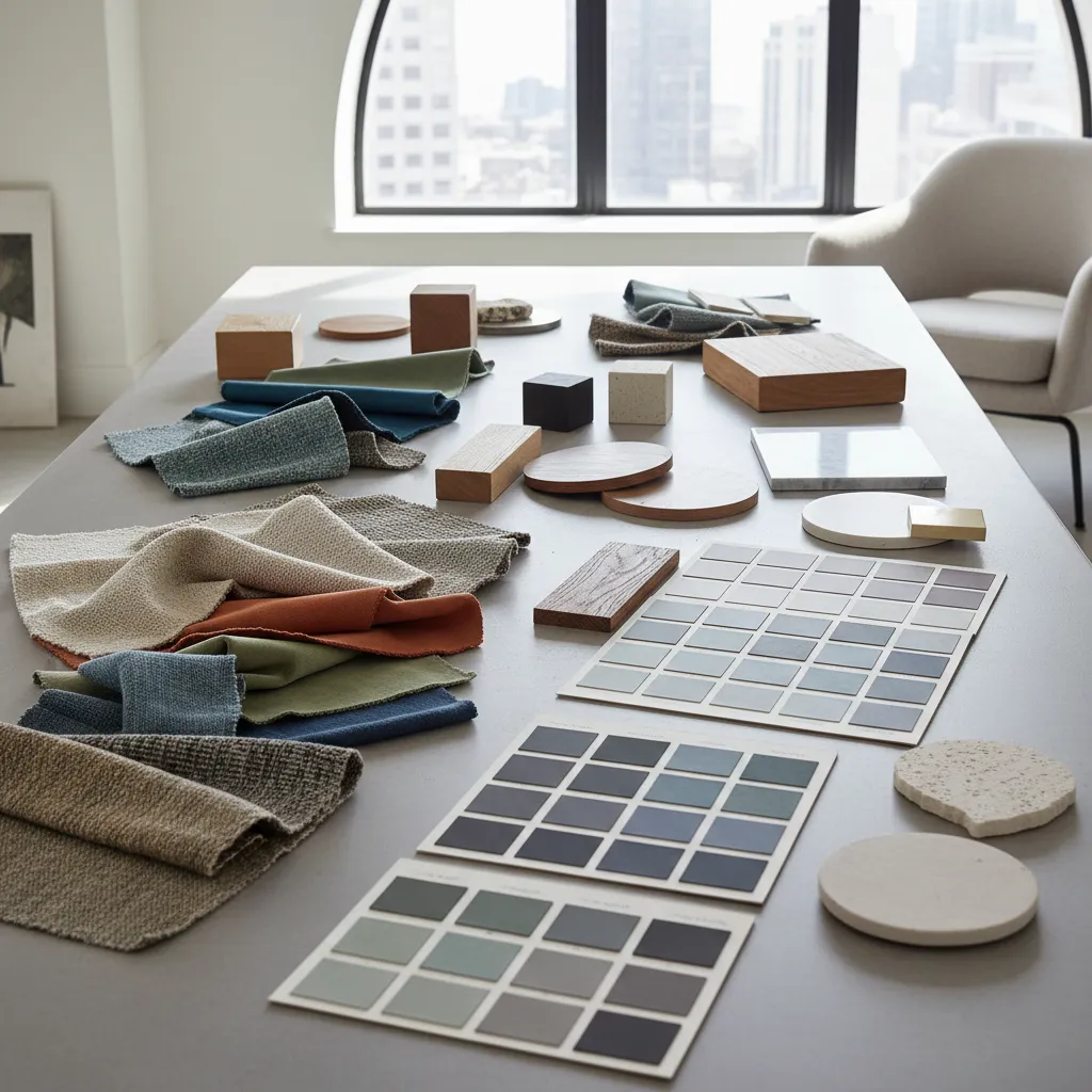 Mesa con muestras de materiales, telas y paletas de colores para decoración