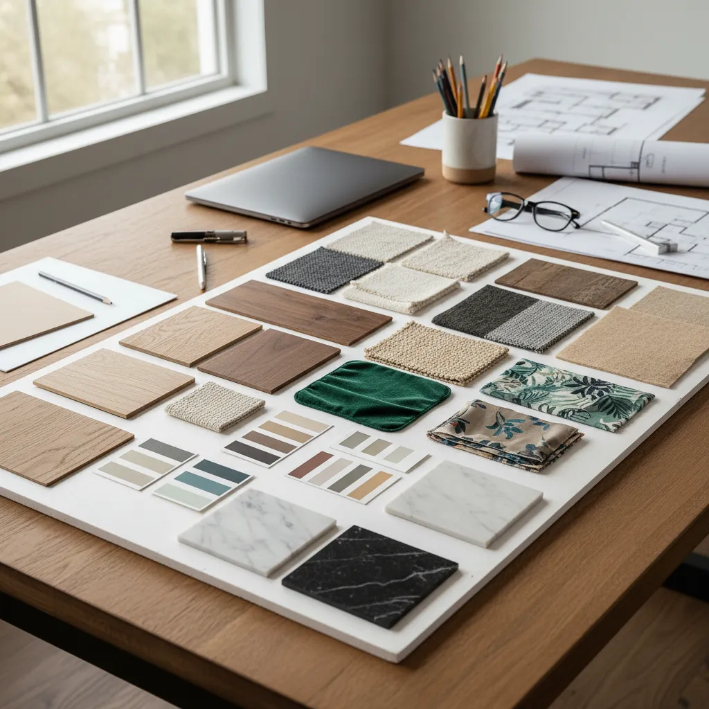 Muestras de telas, madera y colores utilizadas para elegir materiales en un proyecto de decoración