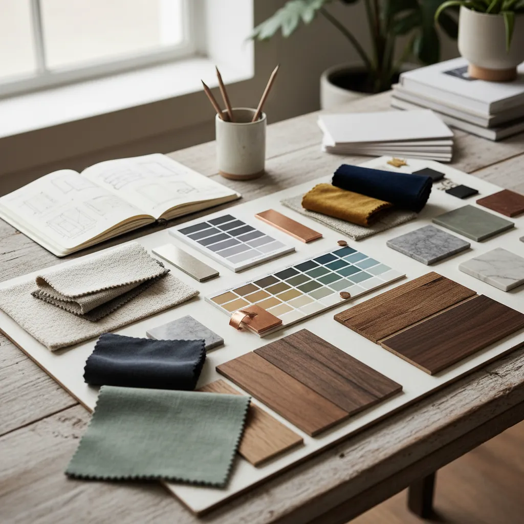 Mesa con muestras de telas, madera y paletas de color para decoración