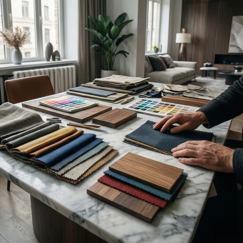 Mesa con muestras de telas, colores y materiales usados en decoración de interiores