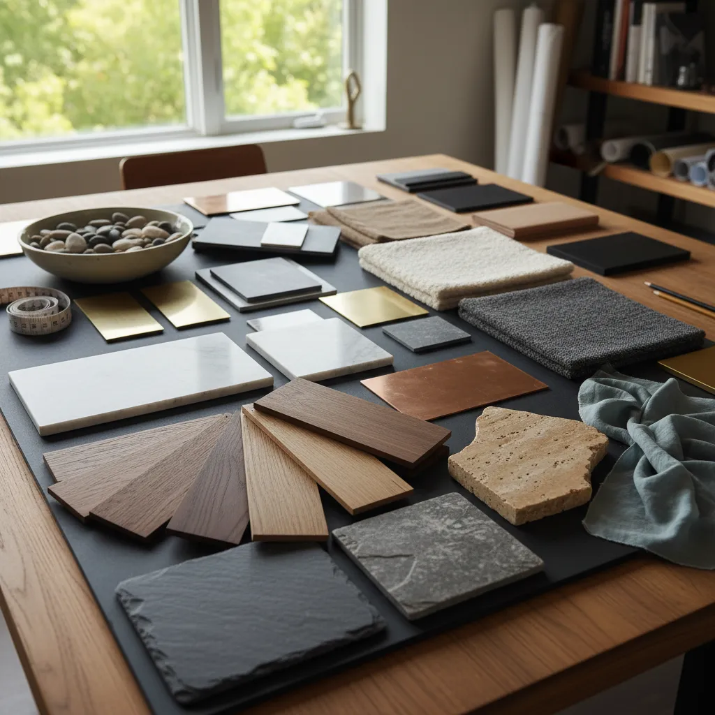 Mesa con muestras de materiales usados en decoración interior